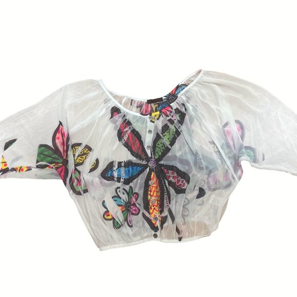 Crimson Ivy Off Shoulder Blouse Flower Print Rhinestone Accents Sz S Multicolor - Picture 9 of 10